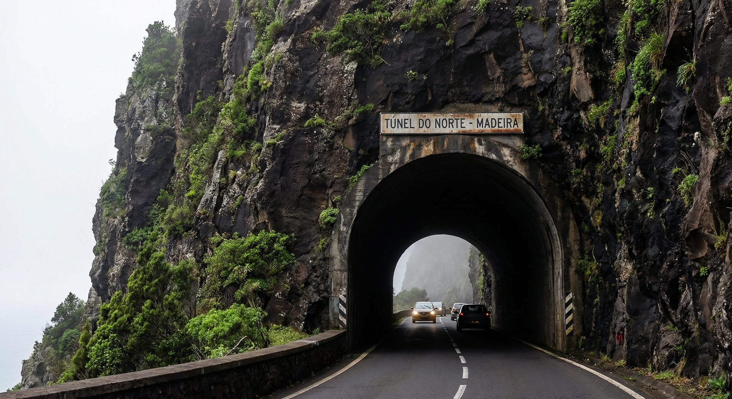 Madeira road tunnel entrance volcanic rock