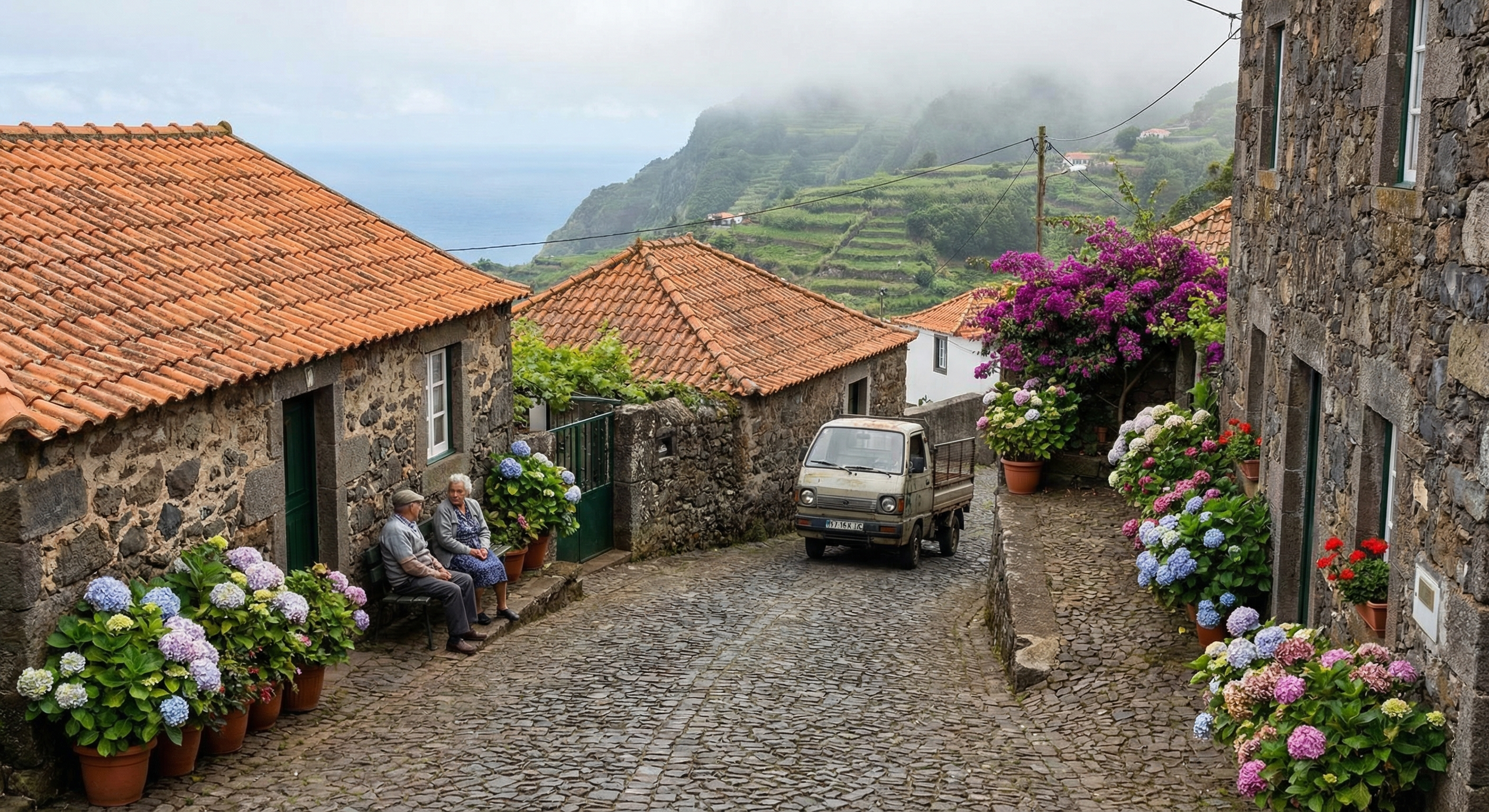 Narrow mountain village road Madeira traditional
