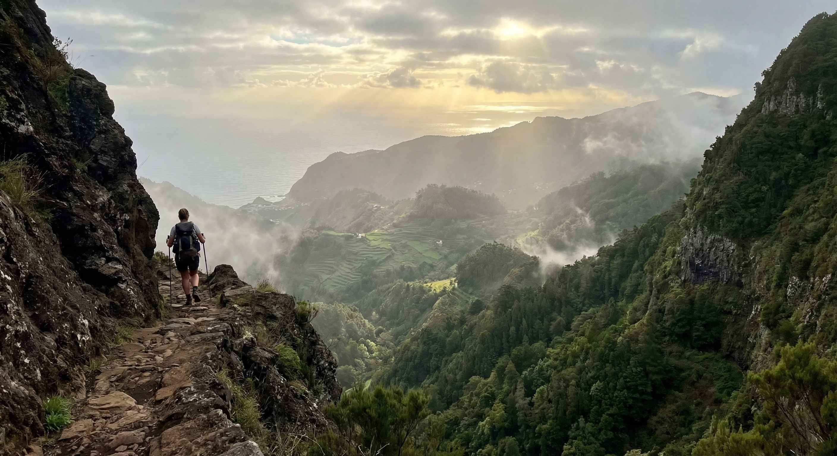 Hiker on mountain trail Madeira