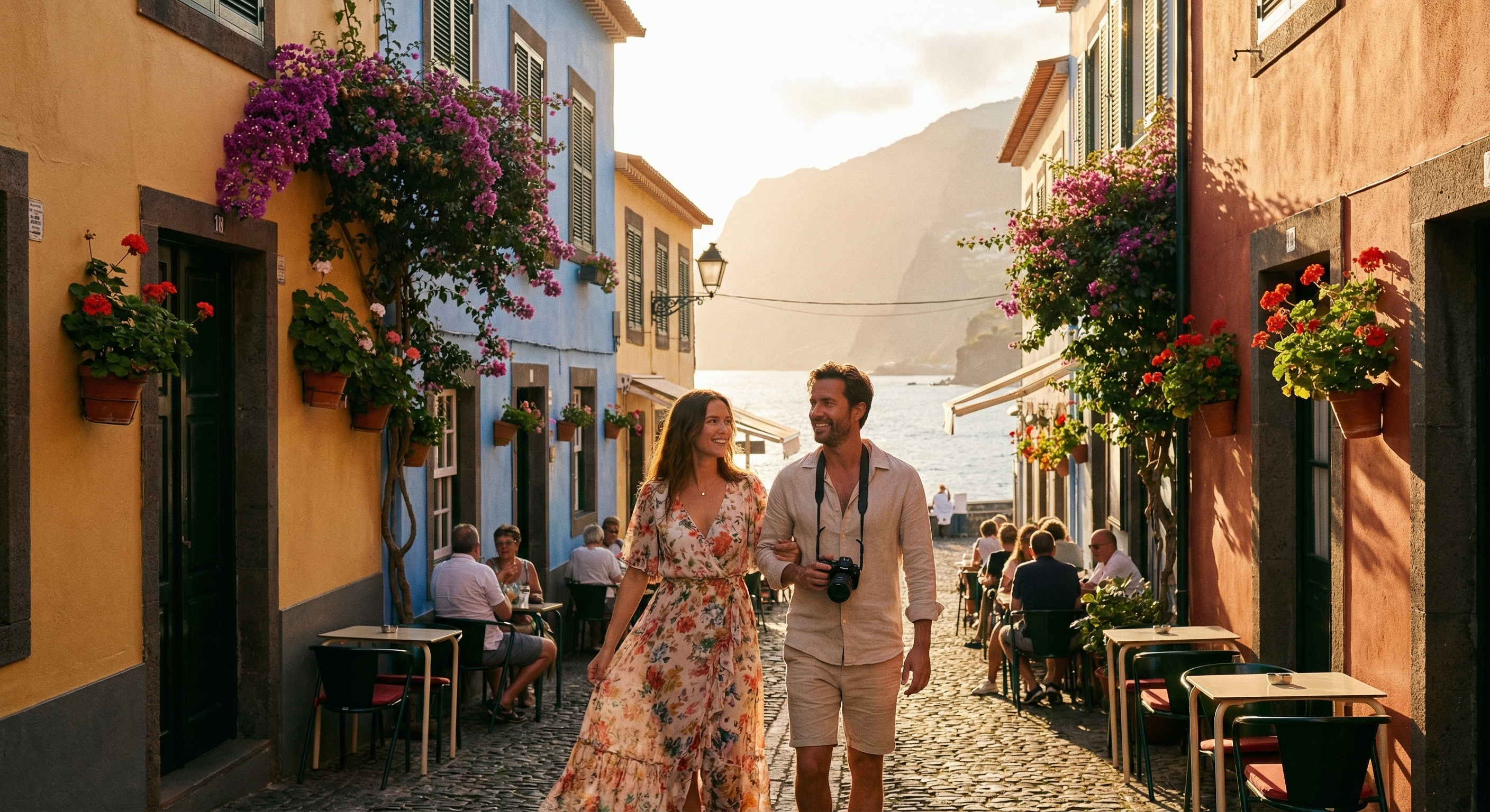 Couple exploring Funchal old town Madeira