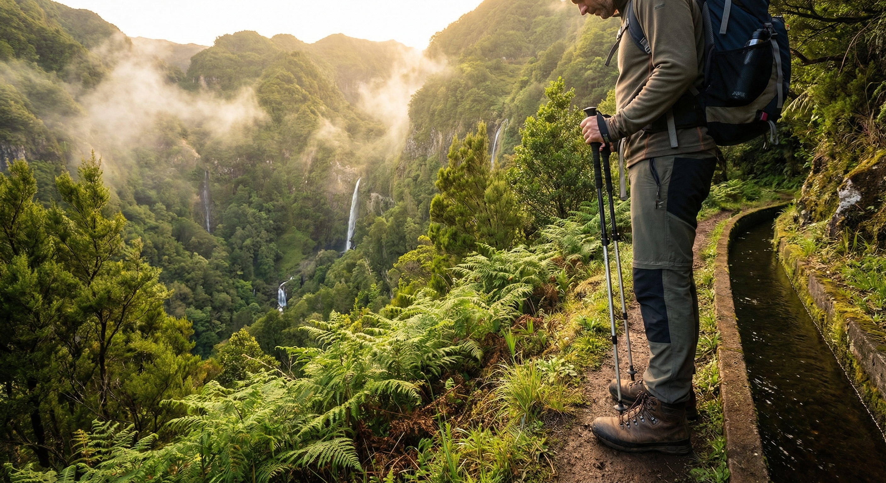 Hiker on levada trail Madeira