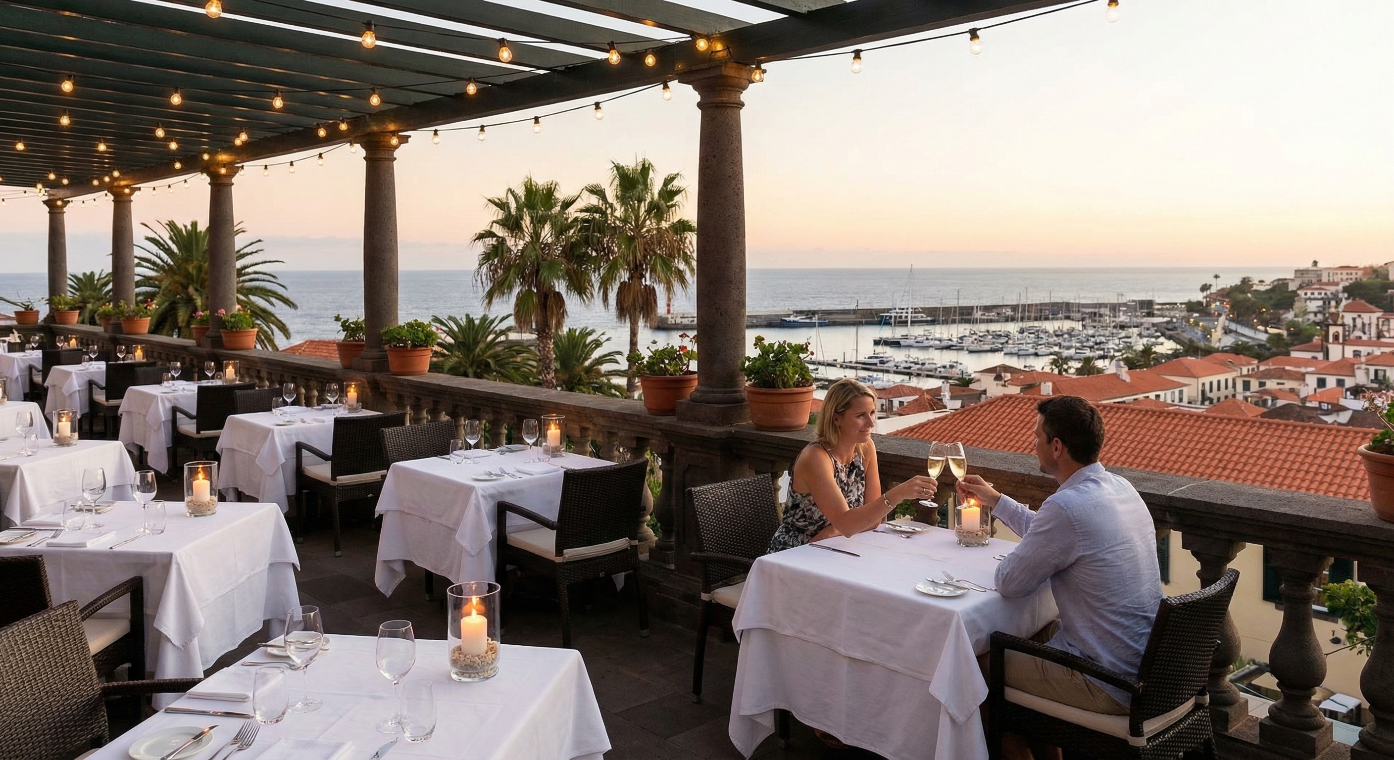Upscale restaurant Funchal with harbor view